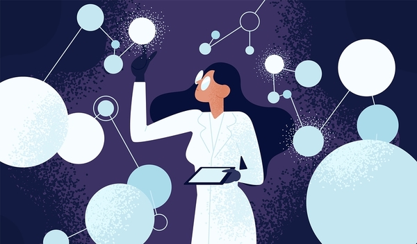 Woman in white coat holding tablet surrounded by connected circular nodes and network icons on purple background