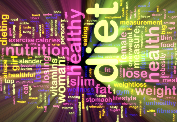 Word cloud featuring health and diet-related terms in varying colors and sizes, with prominent words including diet, healthy, nutrition, weight, fitness, and lifestyle