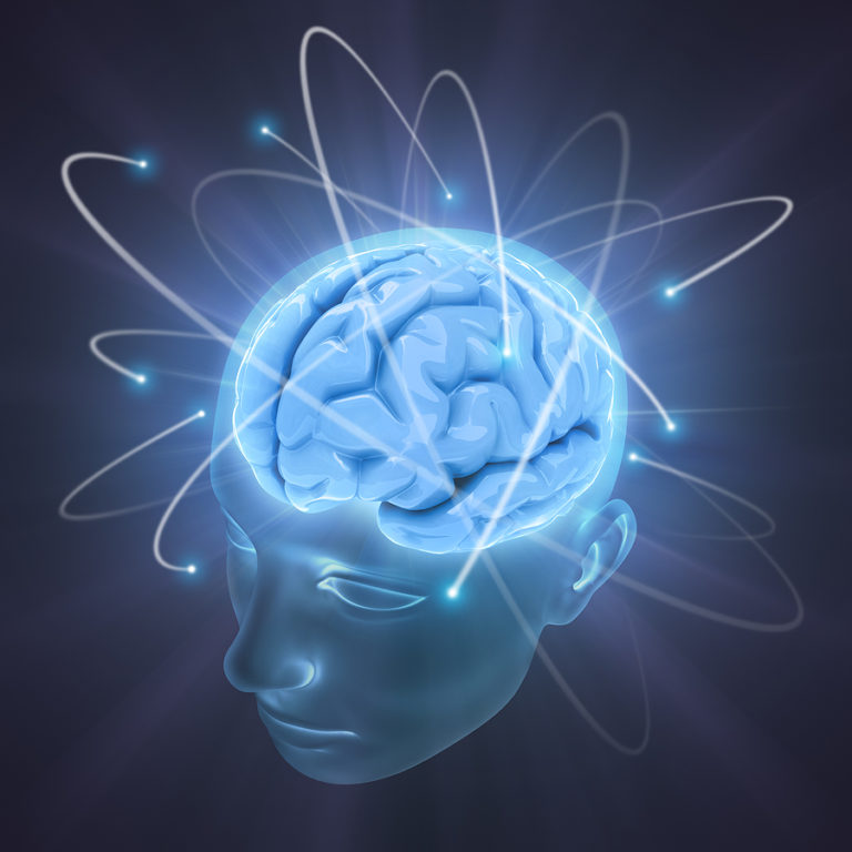 Glowing blue brain inside translucent head silhouette with orbiting energy particles