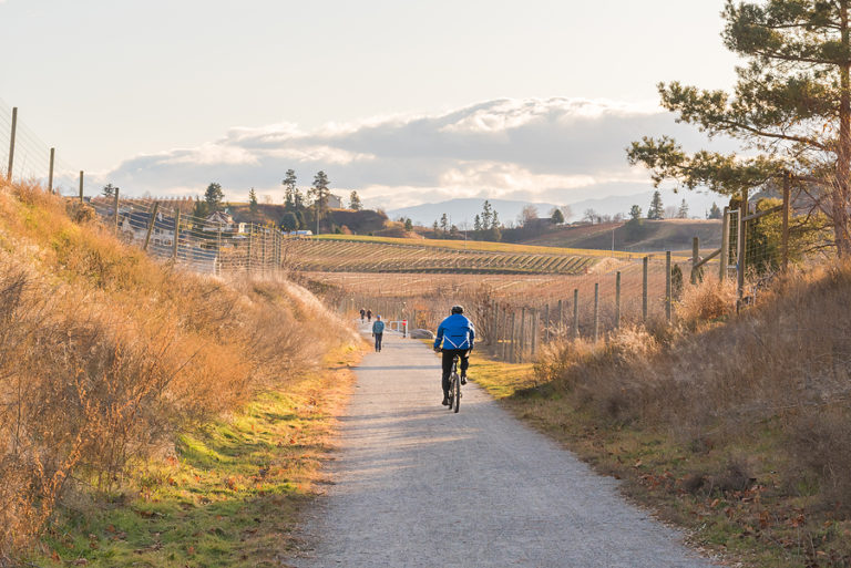 Person cycling on a rural gravel path with dry grass fields, fencing, and mountains in the distance under cloudy sky