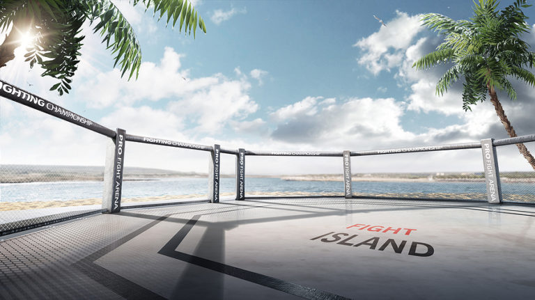 Empty MMA octagon cage with ocean view and palm trees, text reads 'Fight Island'