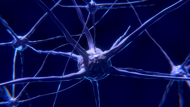 Illuminated nerve cells connected by glowing blue neural pathways against dark background