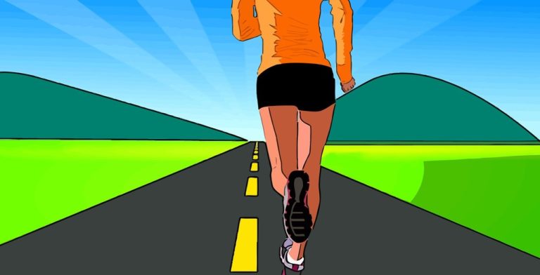 Runner in orange shirt jogging down a straight road with yellow center line through green hills