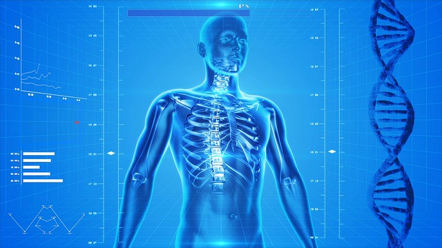 Blue digital illustration of human skeleton with spine highlighted, DNA helix, and medical data charts on blue background