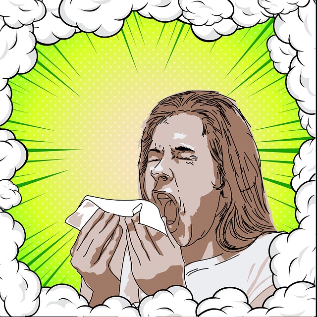 Person sneezing into tissue surrounded by clouds and green radiant background