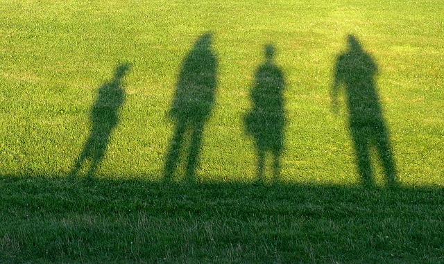 Shadows of four people standing on grass field