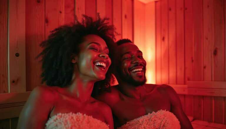 Two people smiling in a red-lit infrared sauna, wrapped in towels