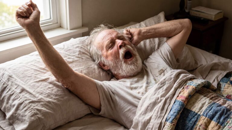 Older man stretching in bed with one arm raised above his head while yawning