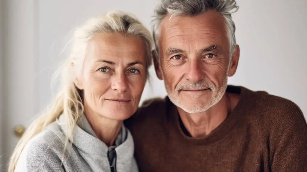 A smiling older couple sitting close together